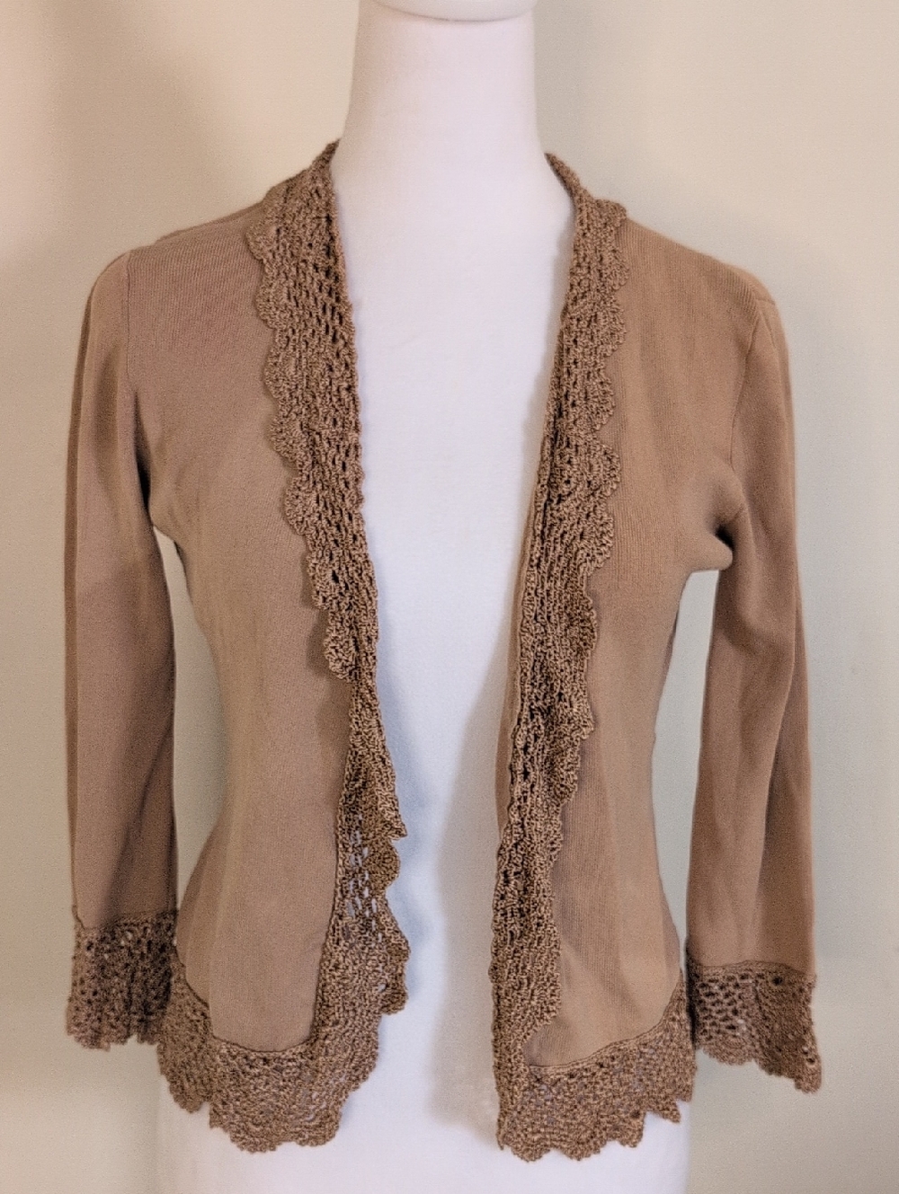 Vintage Joseph A. Beige Crochet-Trim Open Cardigan Sweater Size S